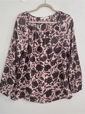 NEW LOFT Women Floral Blouse Top Long Sleeve Pink Brown Size MEDIUM thumbnail 2