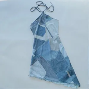 Motel Rocks Adelia Denim Print Mesh Asymmetrical Halter Mini Dress XS thumbnail 4