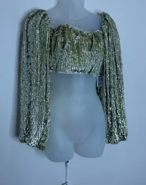 ASOS gold limited edition Sequin Puff-Sleeve Cropped Top size 6 NWT Festive thumbnail 1