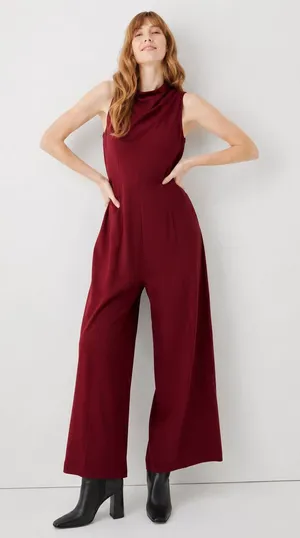 NWT Pact Organic Cotton Fit & Flare Cowl Mock Neck Jumpsuit Red Women's Sz Small thumbnail 1