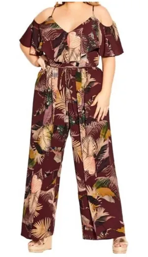 City‎ Chic Tropic Heat Tropical Flowy Burgundy Wrap Wide Leg Jumpsuit Sz 16 thumbnail 1
