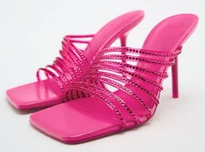 ZARA Hot Pink Rhinestone Embellished Vinyl Sequin Strappy Open Square Toe High Heels Sandals Mules thumbnail 2