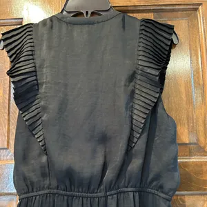 Steve Madden Verona Pleated Cap Sleeve Mini Dress Black Satin‎ Ruffle Hem Medium thumbnail 7