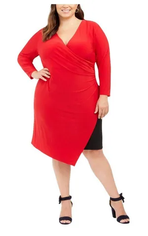 NWT Tommy Hilfiger Womens Plus Size Faux-Wrap Asymmetric Sheath Dress Red 18W thumbnail 1
