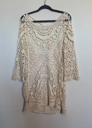 Crochet Knit Cream Bohemian Style Tunic Mini Dress thumbnail 1