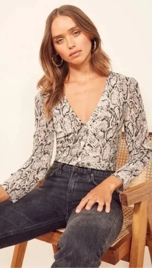 New Reformation Eliana Button Down Top In Snakeskin thumbnail 1