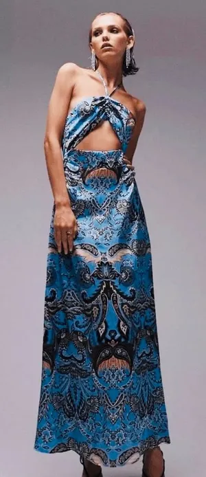 TopShop Blue Paisley Silky Cutout Halter Maxi Dress thumbnail 1