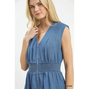 Umgee‎ Denim Sleeveless Zip-Front Smocked Waist Midi Dress - Small thumbnail 5