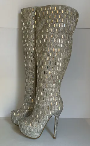 Shiekh Silver Rhinestone Over Knee High Heel Boots Women’s Size 6 Glam Party thumbnail 1
