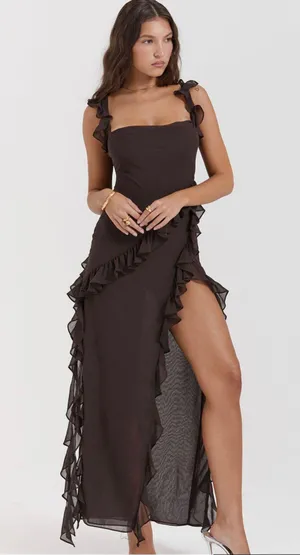Ariela Ruffle Side Slit Gown in Coffee thumbnail 1