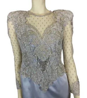 1990s Vintage Ice Blue Beaded Formal Gown Sheer Lace Bodice Custom S-M thumbnail 1