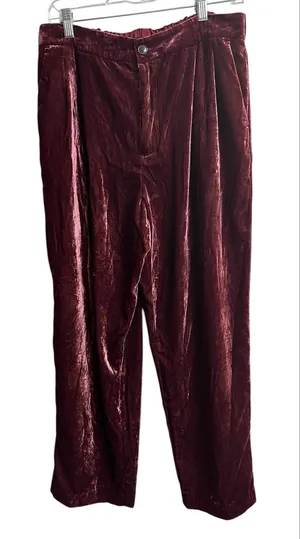 Madewell Velvet Tapered Pleat Pull-On High Rise Pants Burgundy Large thumbnail 1