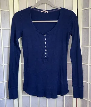 Vintage Victoria's Secret Henley‎ Ribbed Y2K Navy Thermal Long Sleeve Shirt XS thumbnail 1
