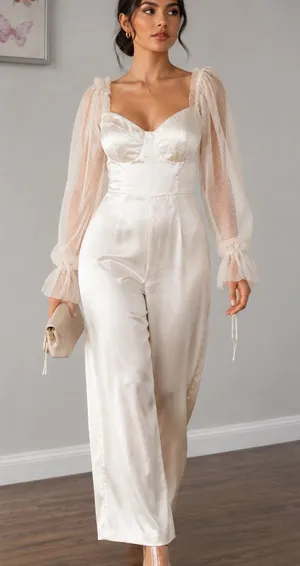 Lulu's Cream Satin Jumpsuit with Sheer Puff Sleeves thumbnail 1