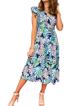 Entro Tropical Monstera Leaf Flutter Sleeve Tiered Midi Dress Maximalist‎ Resort thumbnail 1