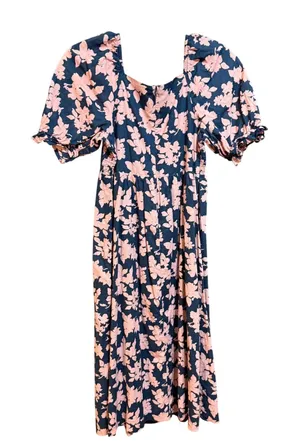The Nines By Hatch Pink Floral Smocked Midi Dress‎ Puff Sleeve XS thumbnail 1
