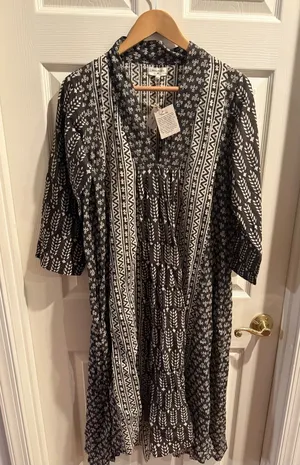 World Market Black and Beige Boho Print Kaftan Midi Dress thumbnail 1