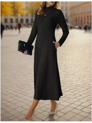 NEW Black Long Sleeve Mock Neck Pullover Pockets Midi Dress L thumbnail 7