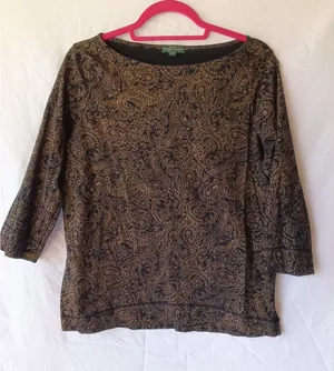Ralph Lauren Jeans Co L 3/4 Sleeve Black with Gold Paisley Top thumbnail 1