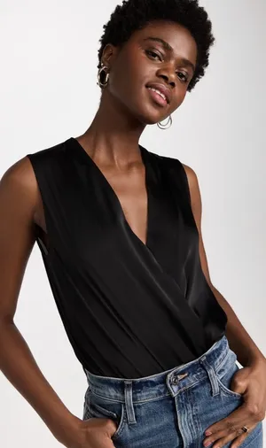 🍁 Bradamant Black Silk Wrap Sleeveless Bodysuit, Size XL thumbnail 1