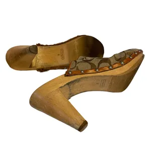 Vintage Coach Brown Cloth Signature Print Clog Heel Mules "Felicity" (8) thumbnail 8