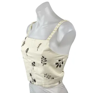 Zara Women's Cream Beaded Embroidered Leaf Sleeveless Tie Cami Crop Top Size L thumbnail 2