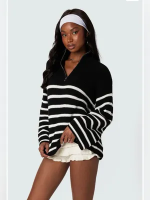 Edikted  Oversized Striped Navy and White Half-Zip Sweater SZ:XS thumbnail 2