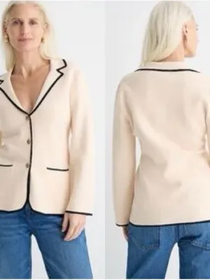 J Crew Contrast Trim Waisted‎ Sweater-Blazer Knit Cream Womens Size S thumbnail 3