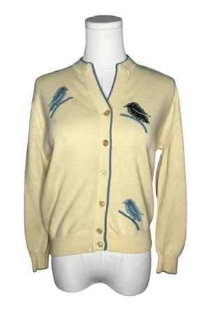 60s Vintage Wool Angora Butter Yellow Blue Bird Knit Cardigan Cottagecore Twee thumbnail 1