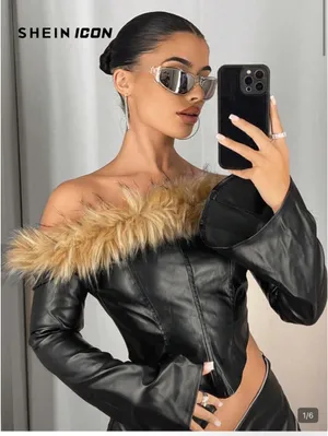 SheIn Off the shoulder leather top with fur neckline thumbnail 1