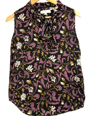Loft XS Floral Tie Neck Top Sleeveless Black Purple Gold Office‎ Retro Feminine thumbnail 1