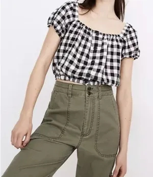 Madewell Puff Sleeve Button Front Crop Top Gingham Linen‎ Blend Black White XL thumbnail 1