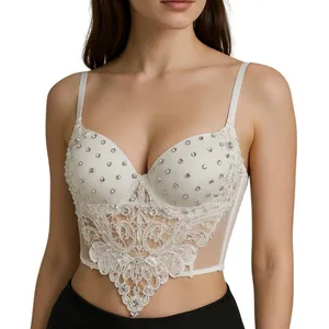 Love J White Rhinestone and Lace Beaded Bustier Crop Top Bralette Boudoir Sexy thumbnail 1