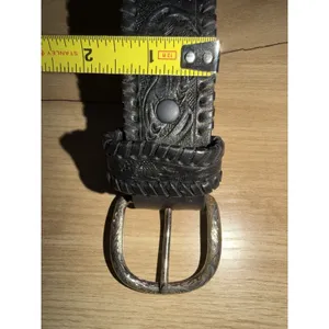 Vintage Heavy Tooled Leather Concho Belt Size 38 Western Biker Black Silver Tone thumbnail 4