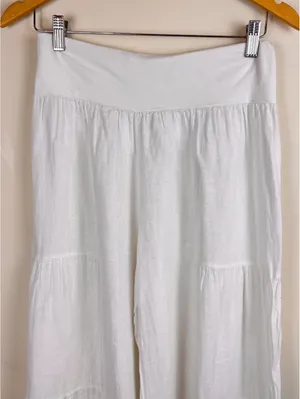 White Linen Tiered Wide Leg Palazzo Pants Foldover Waist Boho Coastal Resort thumbnail 3