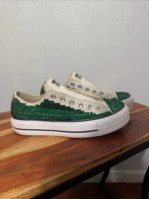 Custom Emerald Green Rhinestone Converse Lift Platform Low Tops Size 10 thumbnail 2