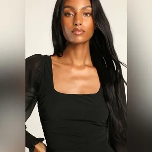 NEW lulus Perfect Sensation Black Mesh Ruched Puff Sleeve Mini Dress Sz Small thumbnail 7
