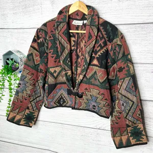 Vintage Flashback Southwestern Pattern Cropped Tapestry Jacket Size Medium Green thumbnail 2