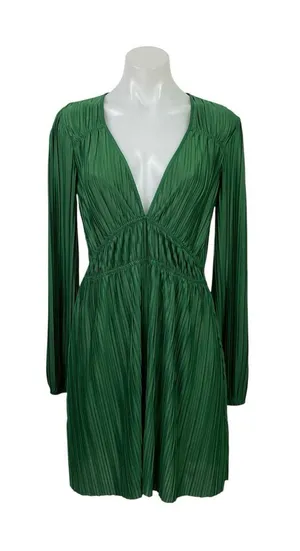 Zara Green Silk Satin Pleated Plisse Long Sleeve V Neck Fit & Flare Mini Dress M thumbnail 1