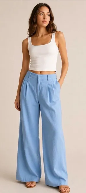 Abercrombie Sloane High Rise Pleated Wide Leg Trouser Pants Light Blue thumbnail 1