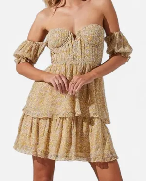 ASTR autumn wedding guest Yellow Floral Mini Dress XS | Coquette Romantic thumbnail 1