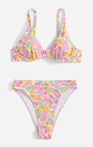 SHEIN Pink, Yellow & Green Floral Underwire Bikini Set thumbnail 1