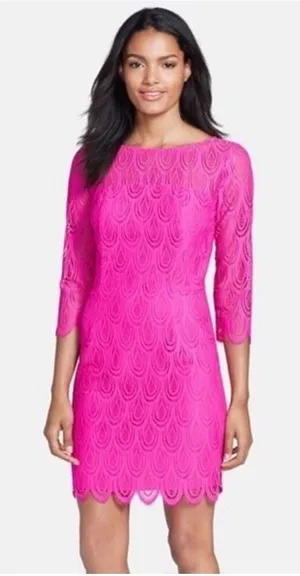 Lilly Pulitzer Hera Sheath‎ Dress Women's 6 Pink Lace 3/4 Sleeves Scalloped Hem thumbnail 1