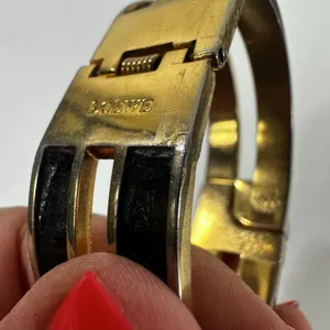Loewe Gold Tone Black Leather Hinged Bangle Cuff Bracelet 7in Logo Designer thumbnail 8