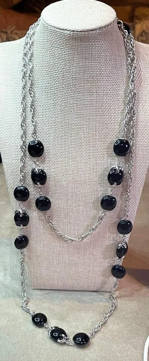 INC International Concepts Vintage Y2K Long Silver Tone Rope Chain Black Cabocho thumbnail 1