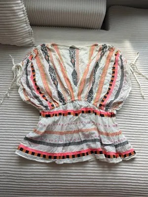 By Together Embroidered Boho Peplum Blouse Large Deep V Ivory thumbnail 2