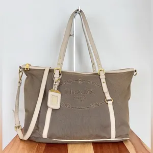 Pre-Owned Prada Beige/Brown Jacquard Logo Canvas‎ And Leather Top Handle thumbnail 1