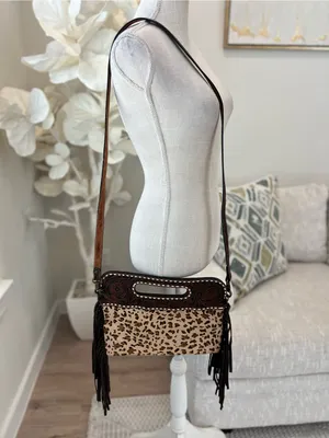 Rafter T Ranch Co Women's Brown Leopard Leather Crossbody Bag with Fringe thumbnail 3