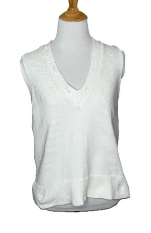 Ann Taylor Sweater Vest White Cable Knit V-Neck Pullover Layering Size Medium thumbnail 1