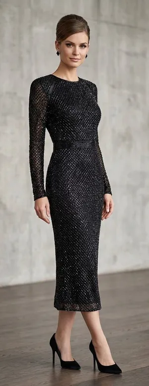Mac Duggal Fully Beaded Whimsygoth MIDI Cocktail Sheath Dress Black 8. thumbnail 1